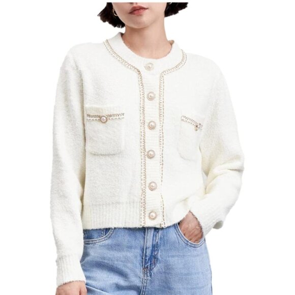 Ivory Lady Jacket Cardigan with Contrast Trim and Faux Pearl Buttons XXL - Picture 1 of 15